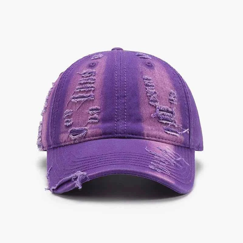 Purple distressed cotton baseball cap side angle