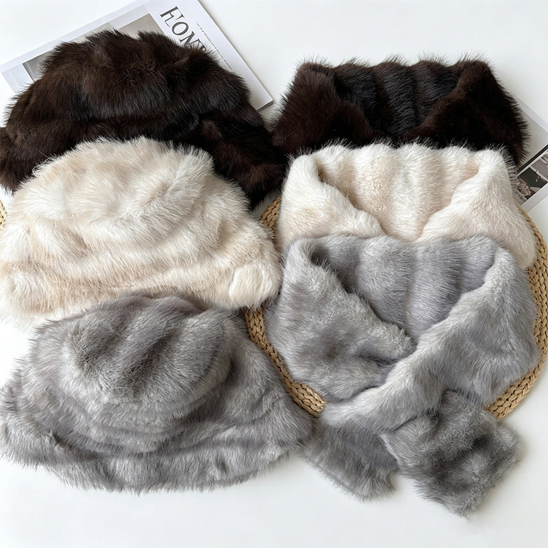 Three plush winter hat and scarf sets in brown beige and gray