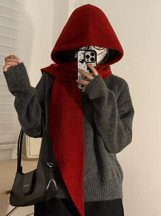 Unisex Hooded Knit Neck Scarf — red hooded scarf worn over a dark sweater