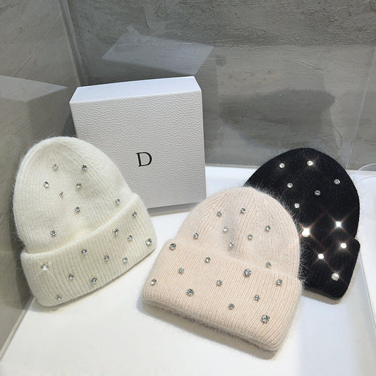 Women's Rhinestone Studded Knit Autumn-Winter Beanie — white pink and black rhinestone beanies displayed together
