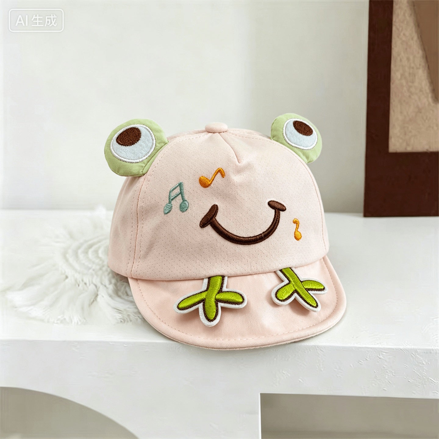 Beige kids frog-ear embroidered baseball cap front view