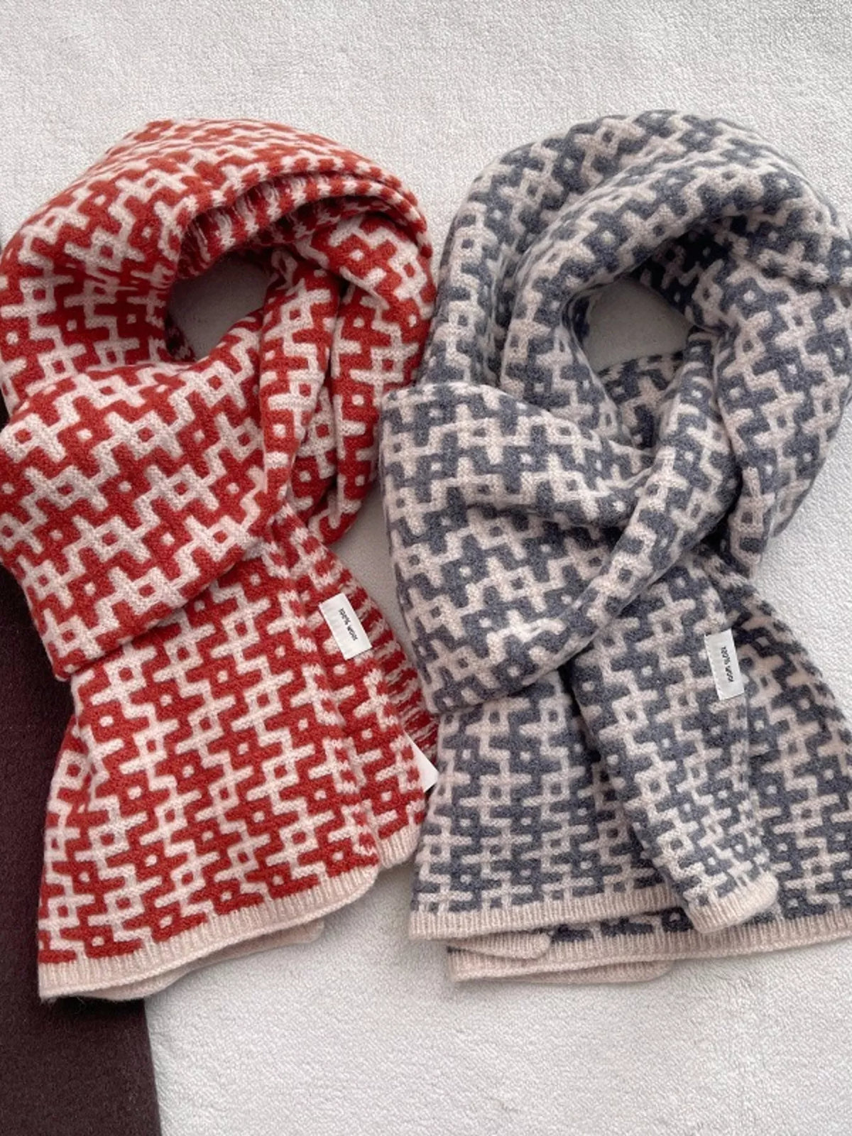 Unisex Wool Geometric Pattern Knitted Warm Scarf — orange red and gray patterned scarves side by side