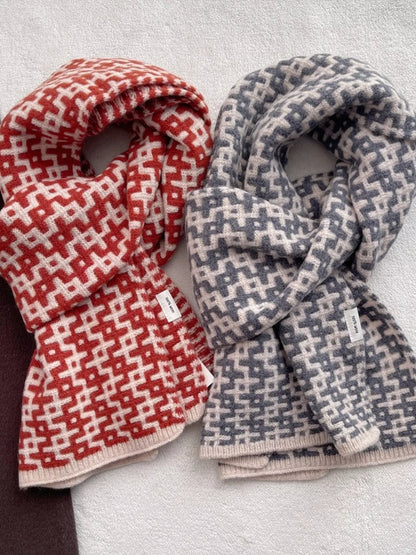 Unisex Wool Geometric Pattern Knitted Warm Scarf — orange red and gray patterned scarves side by side