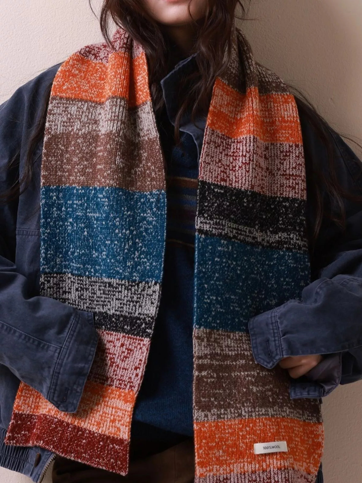 Unisex 100% Wool Color Block Knitted Scarf — color block scarf worn long over a navy jacket