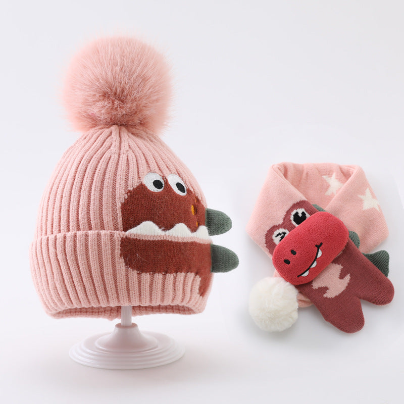 Pink dinosaur beanie and coordinating scarf with star accents