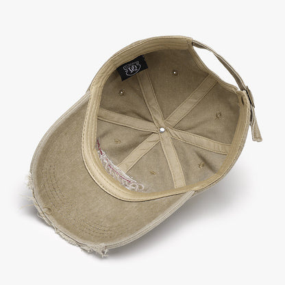 Unisex Khaki Distressed Embroidered Washed Cotton Baseball Cap outfit styling angle