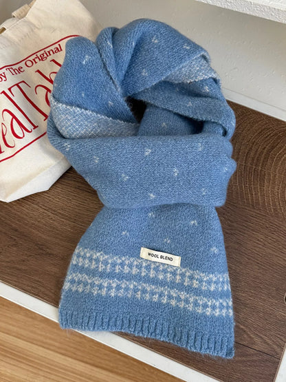 Unisex Flecked Border Knit Scarf — blue scarf displayed with pale geometric border