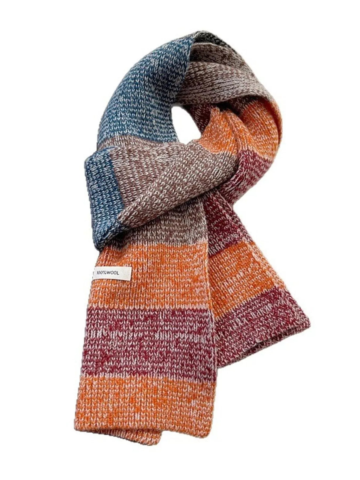 Unisex 100% Wool Color Block Knitted Scarf — isolated view of the multicolor scarf tied in a loop