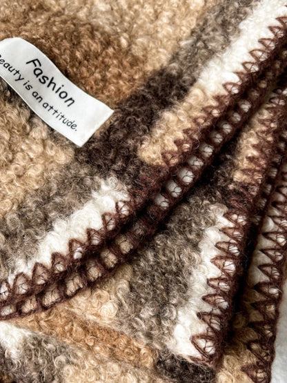 Unisex Textured Plaid Knit Scarf — close detail of contrasting edge stitching