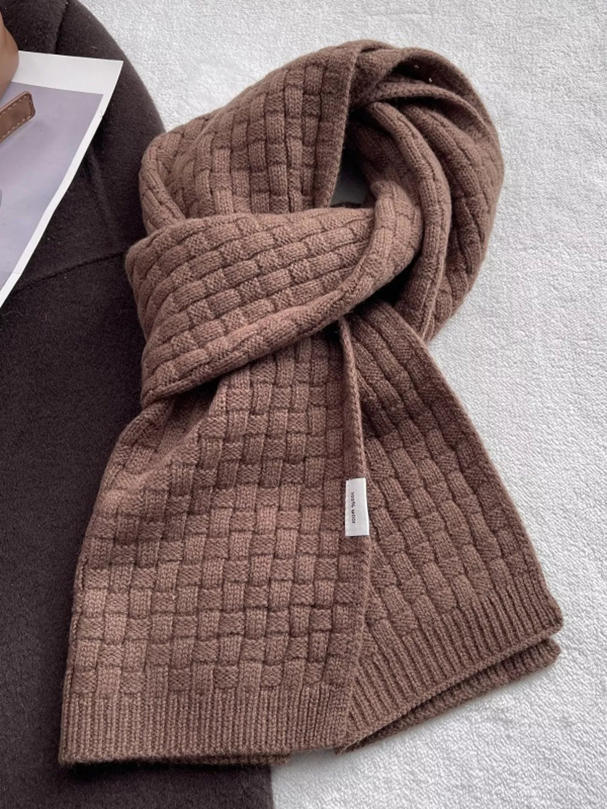Unisex Wool Woven Pattern Knitted Scarf — taupe grid textured wool scarf with ribbed ends