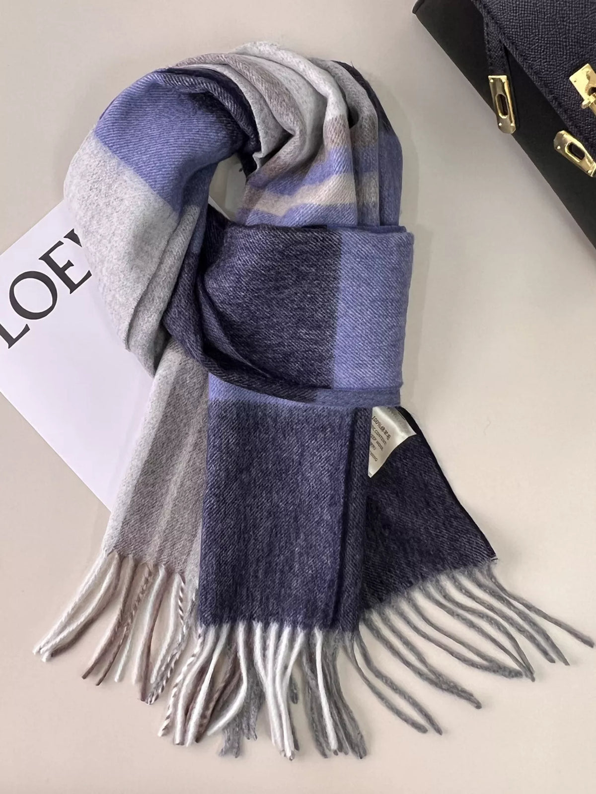 Unisex Plaid Fringe Scarf — indigo wool scarf with broad plaid panels