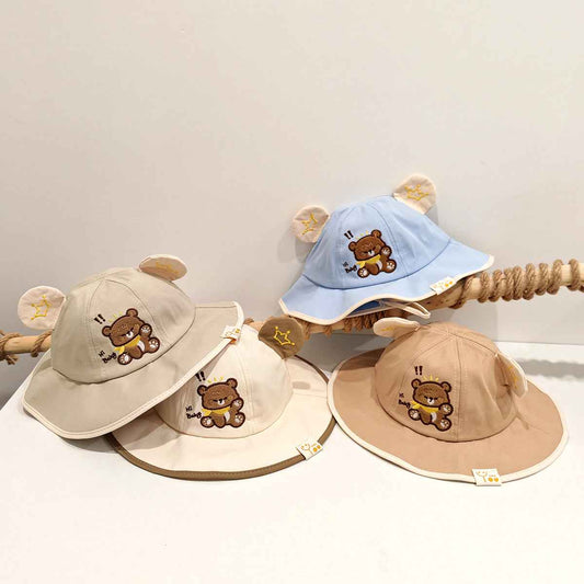 Beige kids bear embroidered wide-brim sun hat