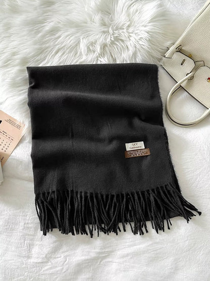 Unisex Long Soft Fringe Scarf — black plain scarf showing its fringed finish