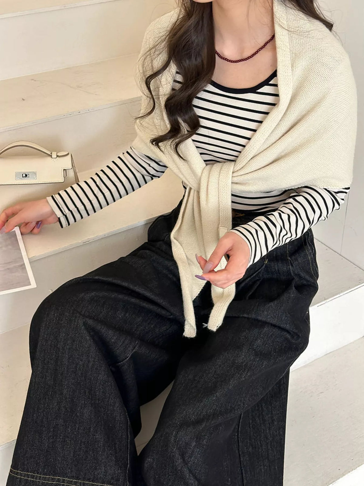 Women's Neutral Wool Shoulder Wrap — pale wool wrap with a relaxed neckline drape