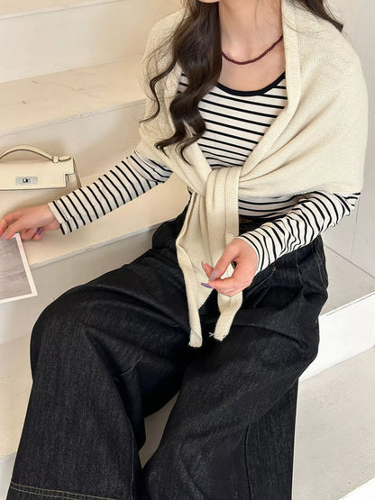 Women's Neutral Wool Shoulder Wrap — pale wool wrap with a relaxed neckline drape
