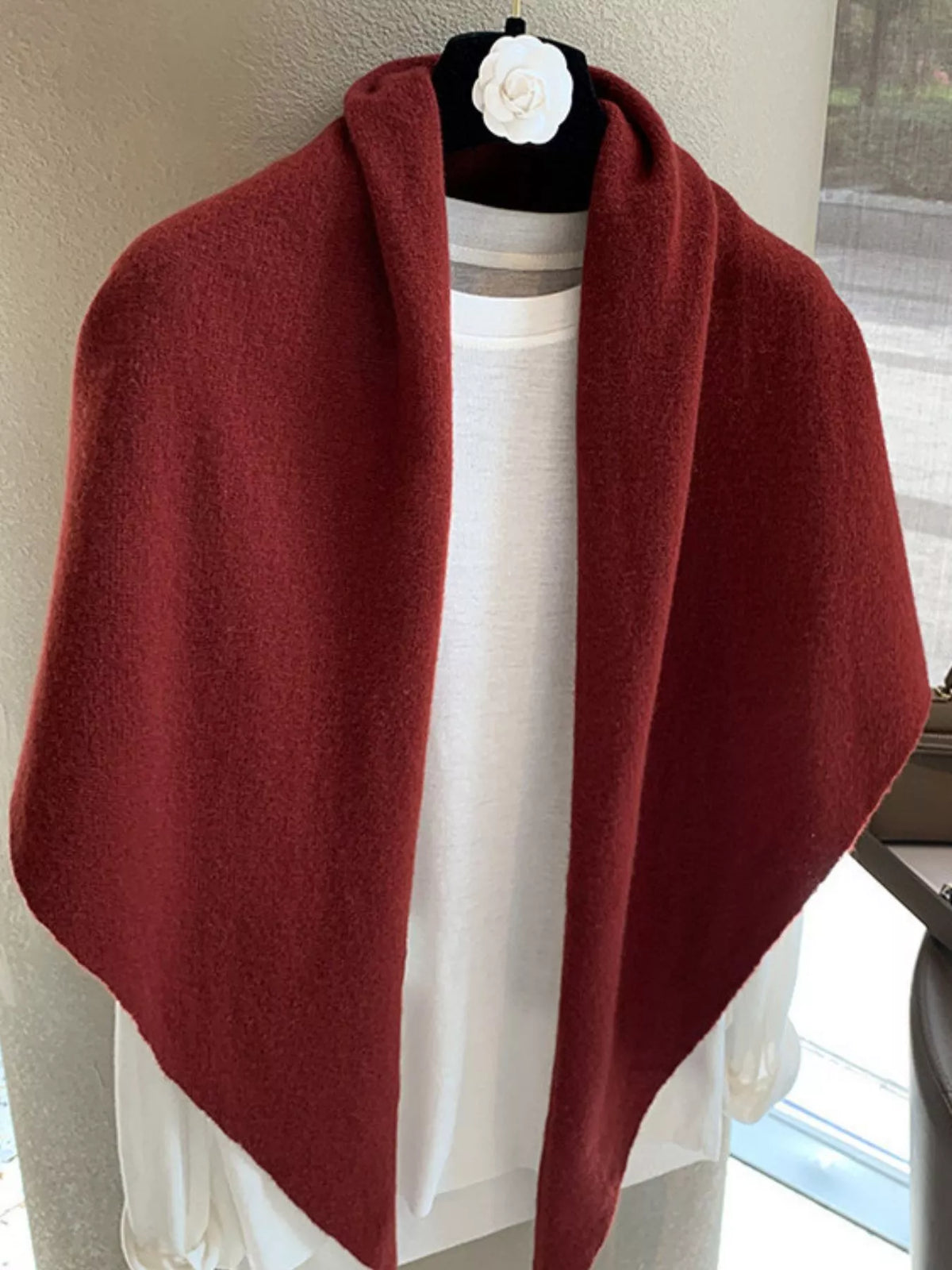 Women's Red Wool Triangle Shawl — asymmetrical red shawl drape with one long point
