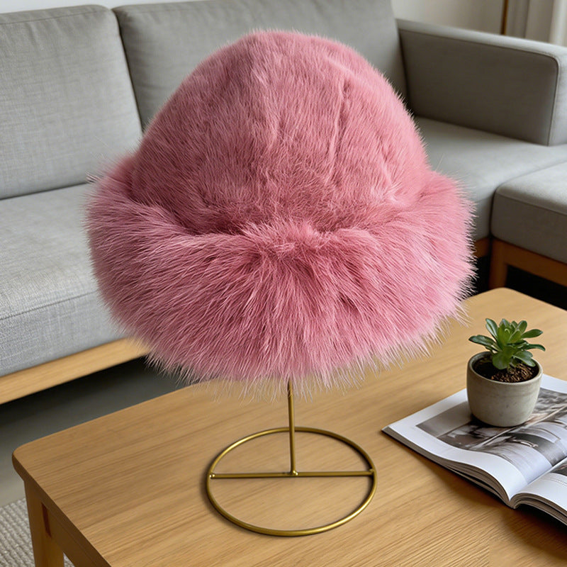 Pink fluffy winter cloche hat with broad turned-up edge