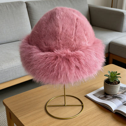 Pink fluffy winter cloche hat with broad turned-up edge