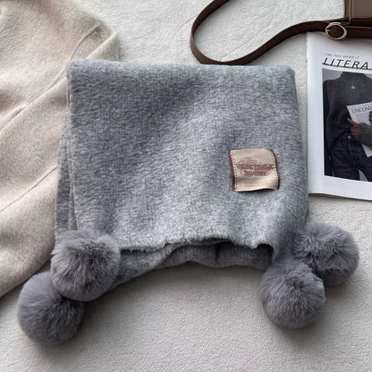 Unisex Pom-Pom Tassel Warm Scarf — gray scarf spread to show the full pom-pom edge