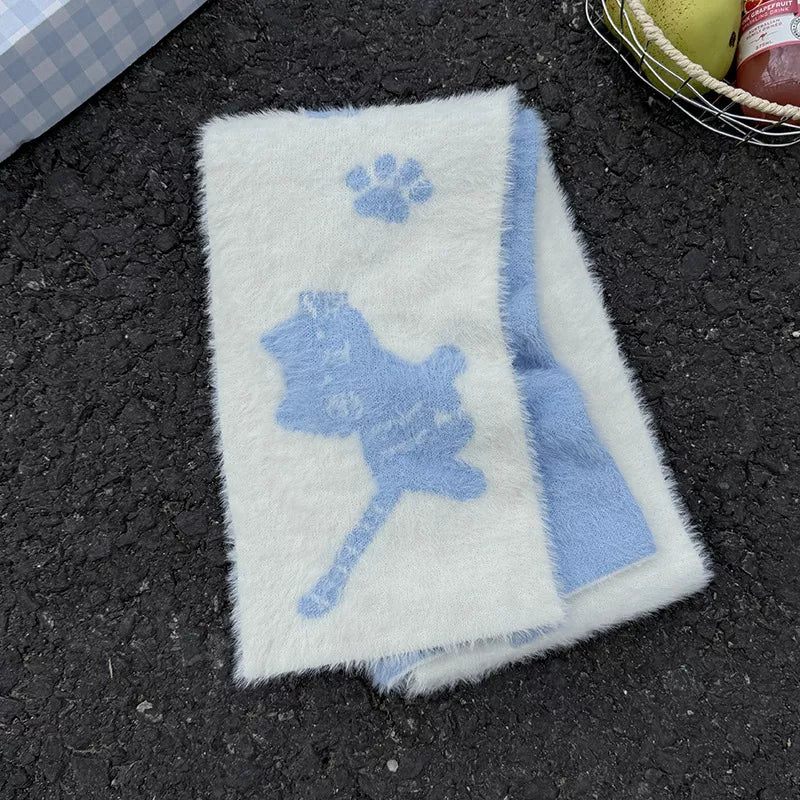 Unisex Cat Paw Pattern Scarf — pale blue scarf with blue cat illustration