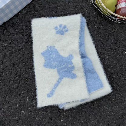 Unisex Cat Paw Pattern Scarf — pale blue scarf with blue cat illustration