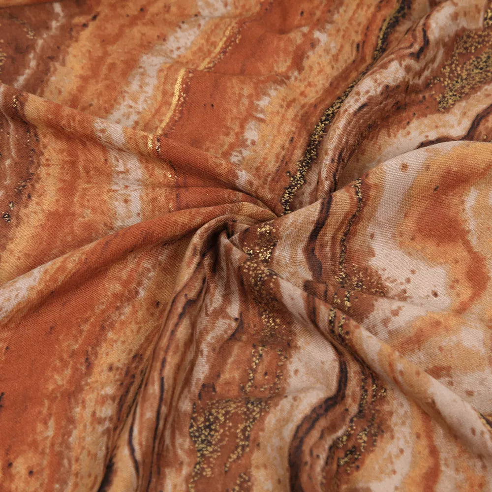 Unisex Marble Print Foil Scarf — close detail of orange marbled pattern and reflective accents