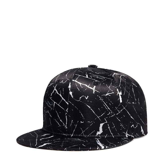 Unisex abstract marble flat-brim snapback cap - black front view