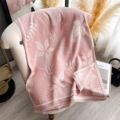 Unisex Cozy Printed Raw Hem Scarf in Pink - fabric texture 3