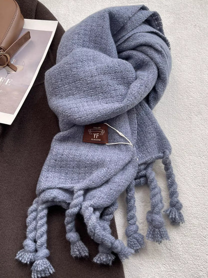 Unisex Knitted Tassel Scarf — blue scarf arranged to show long twisted tassels
