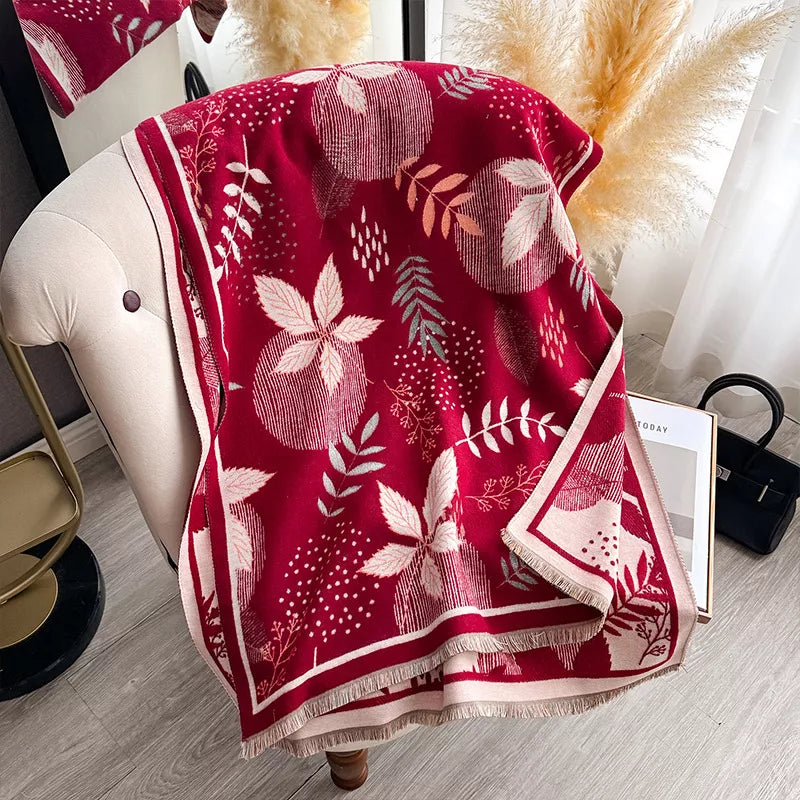 Unisex Cozy Printed Raw Hem Scarf in Red - styled detail 2