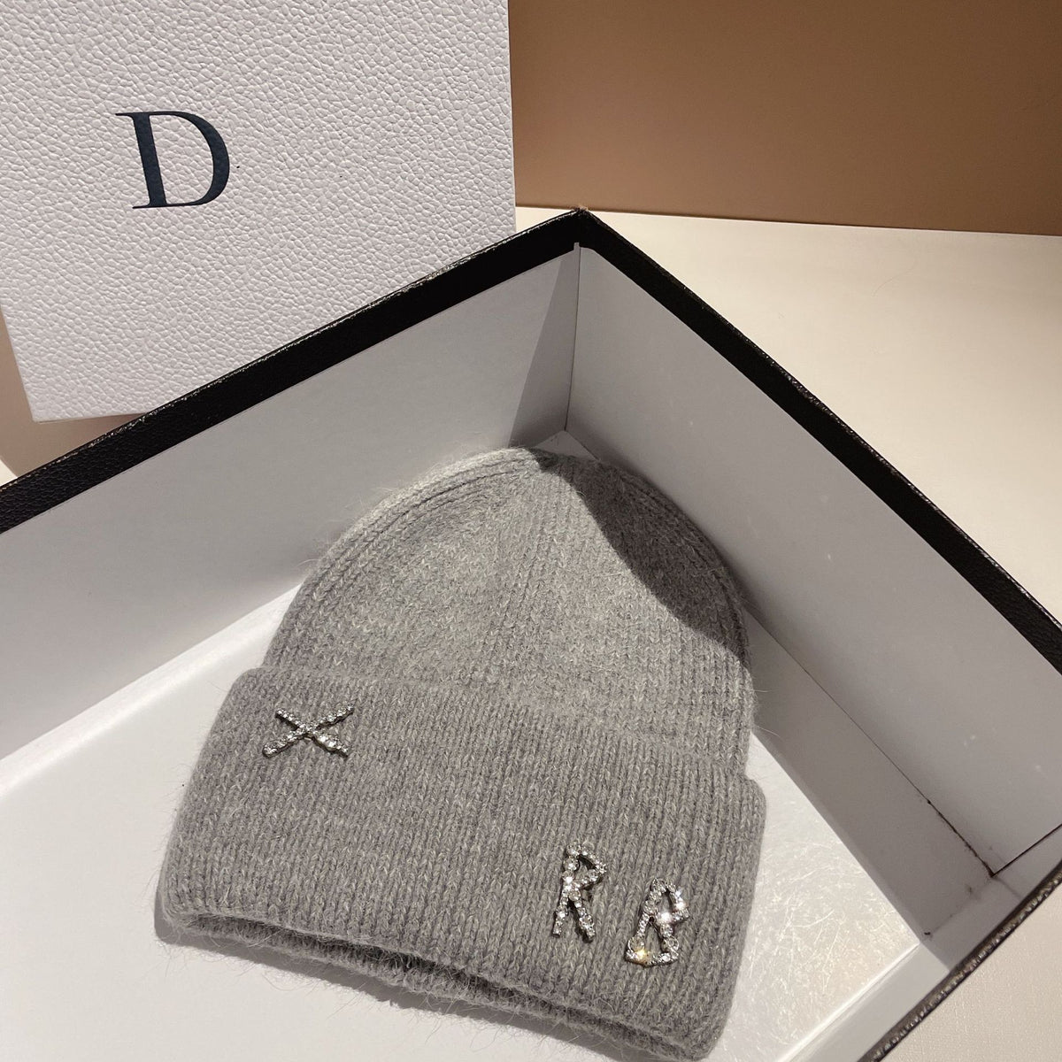 Women's Rhinestone Embellished RB Letter Knit Winter Beanie — light gray beanie with decorative lettering