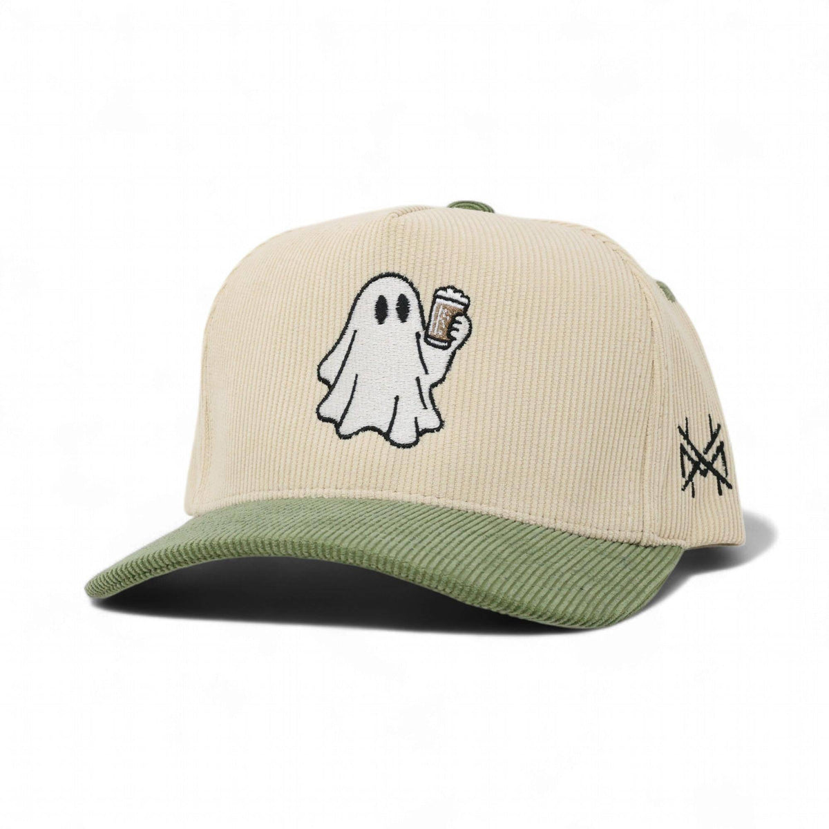 The Mad Hatter Company Boozy Trucker Hat, natural crown with a sage bill and ghost design
