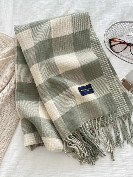 Unisex Plaid Tassel Winter Scarf in Green - styled detail 2