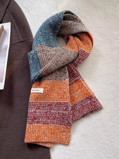 Unisex 100% Wool Color Block Knitted Scarf — multicolor wool scarf looped to show orange blue and brown bands