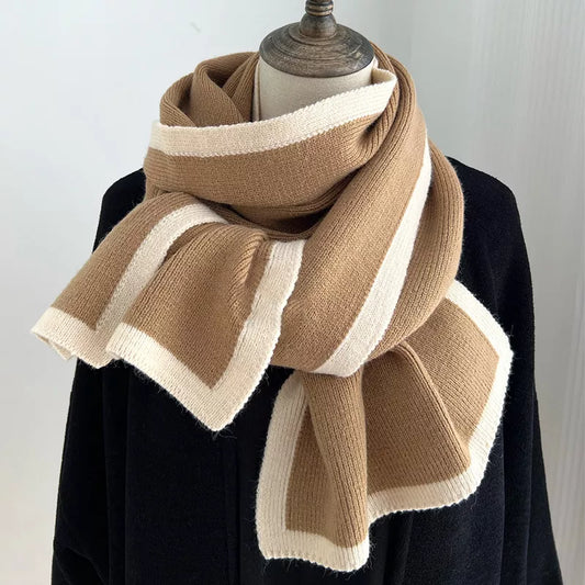 Unisex Contrast Trim Winter Scarf in Mocha - styled detail 2