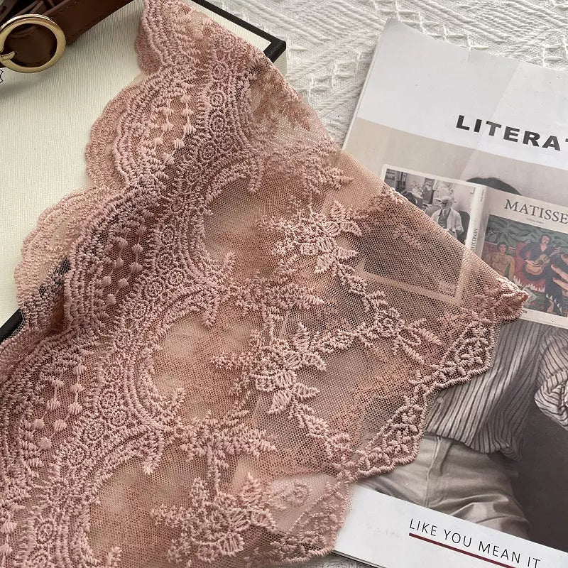 Women's Cotton Lace Neck Scarf — close view of pink lace scallops and flower details