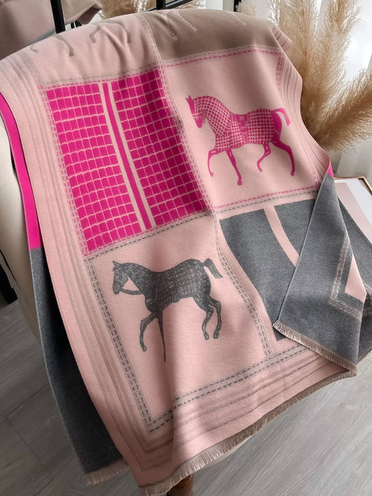 Women's Equestrian Print Warm Scarf in Pink - front view 1
