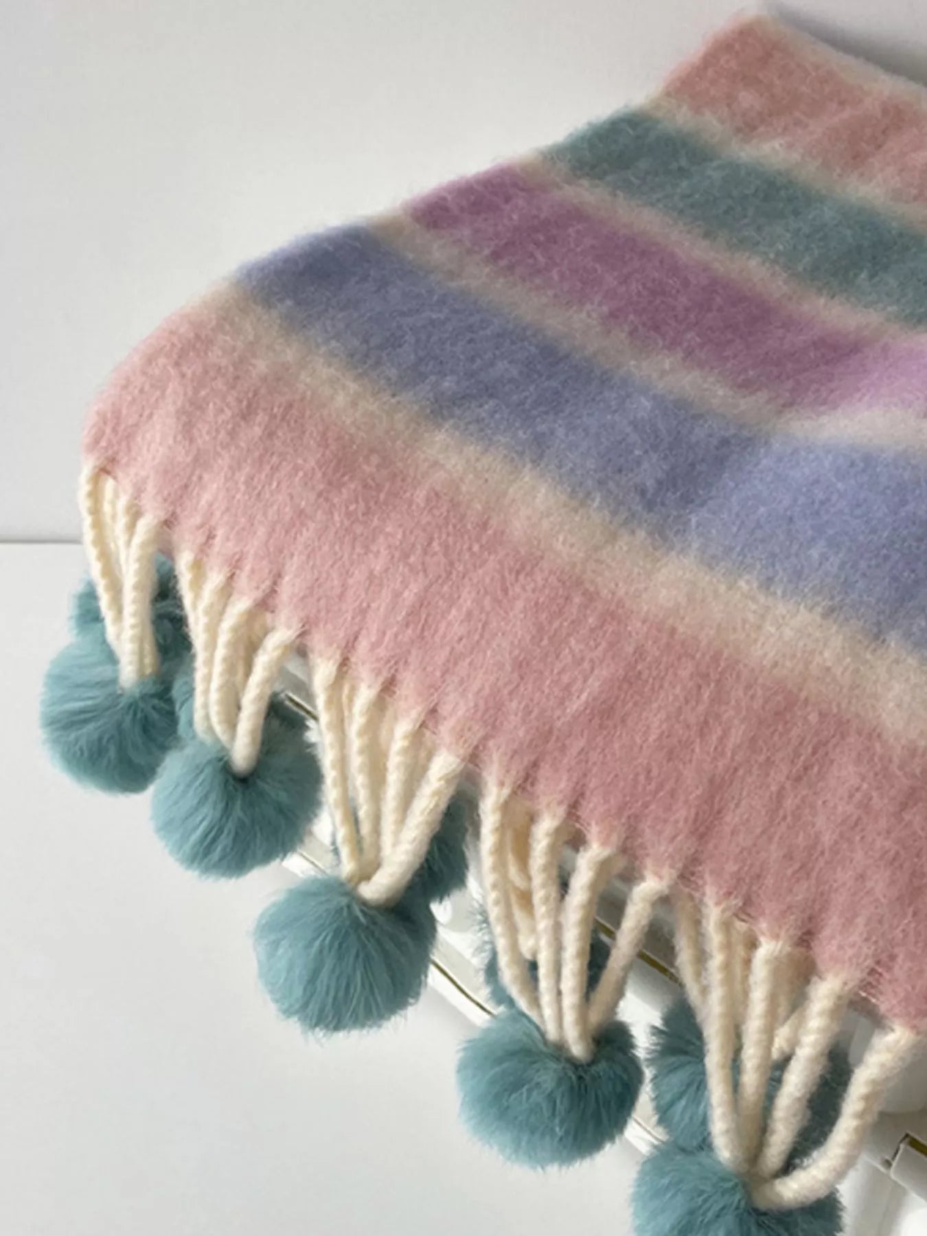 Women's Rainbow Striped Fuzzy Scarf with Pom-Poms in Style F - full-length view 6