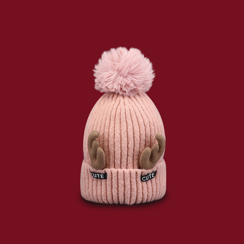 Women's Christmas Antler Knit Beanie - Beige front view