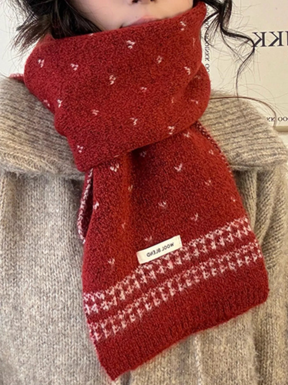 Unisex Flecked Border Knit Scarf — red flecked scarf worn with the end border visible