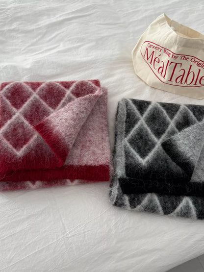 Unisex Diamond Grid Fuzzy Scarf — folded red and dark scarves with crossing line pattern