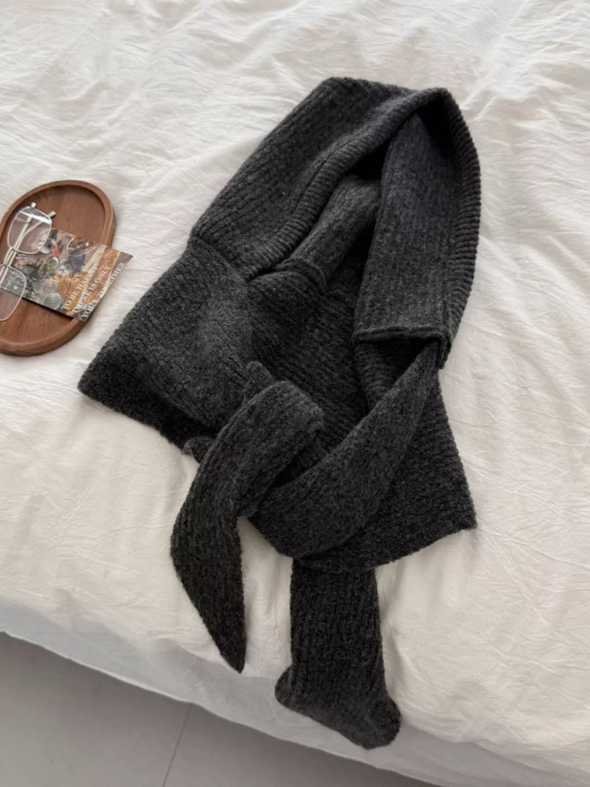 Unisex Hooded Knit Neck Scarf — gray knit hood scarf tied with both ends visible