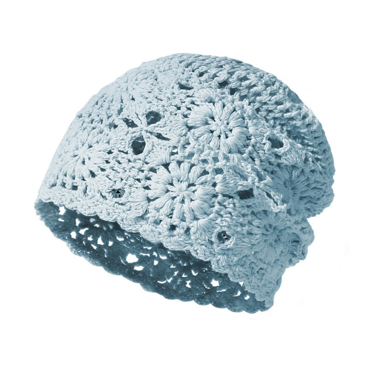 Women's Beige Crochet Floral Beanie Hat side angle photo 02