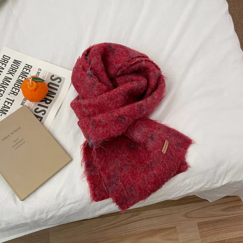 Unisex Fuzzy Contrast Knit Scarf — red textured scarf with pale irregular details