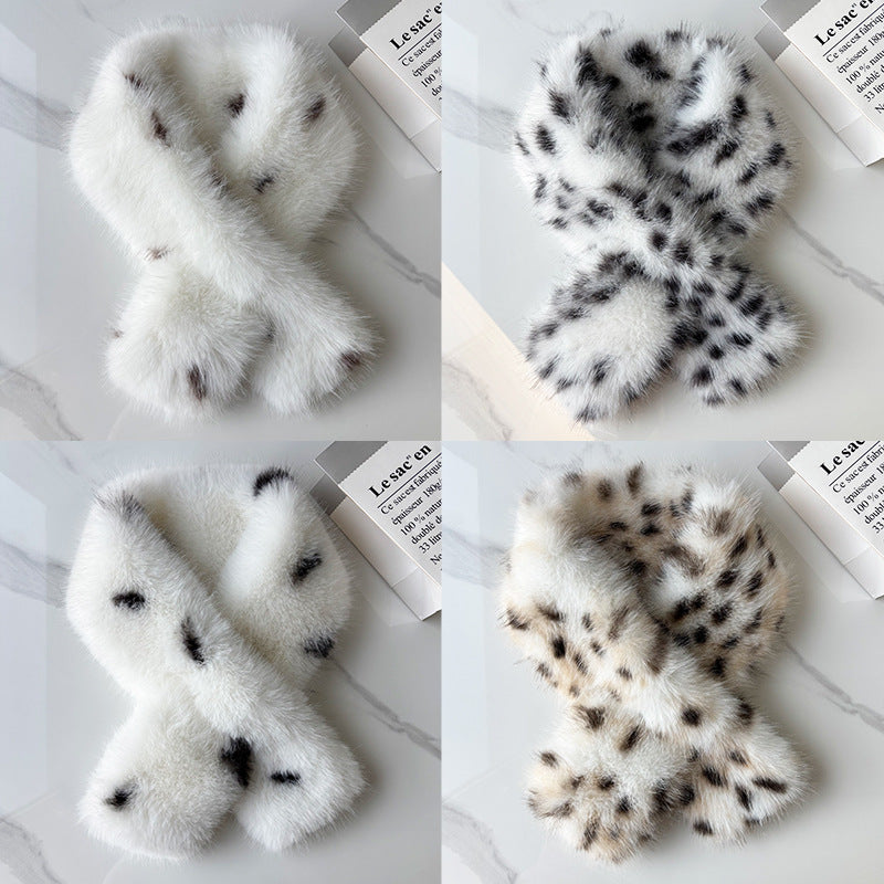Four spotted faux fur scarf designs shown in a comparison collage