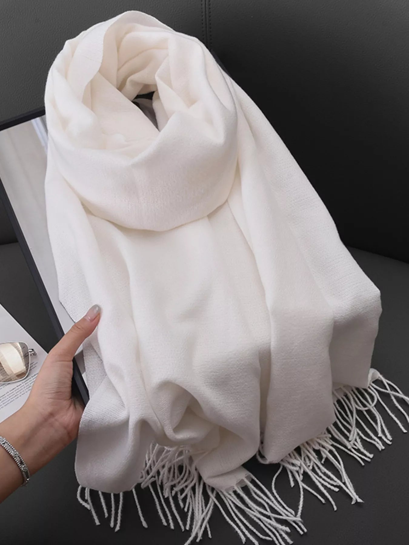 Unisex Heritage Solid Color Fringe Scarf in Ivory - styled detail 2