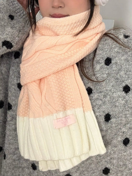 Unisex Two-Tone Cable Knit Scarf — closer neckline view of pink and cream two-tone scarf