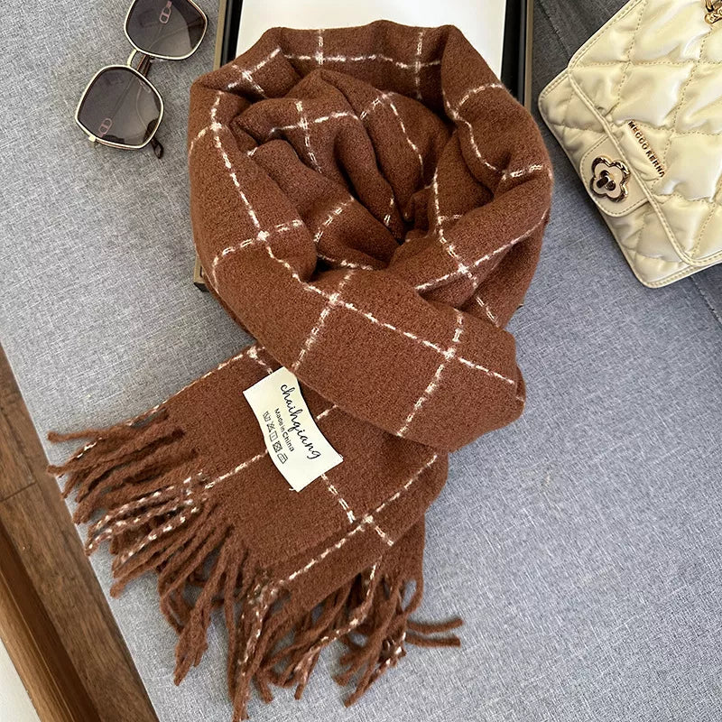 Unisex Fringe Plaid Scarf — caramel checked scarf looped with fringed ends visible