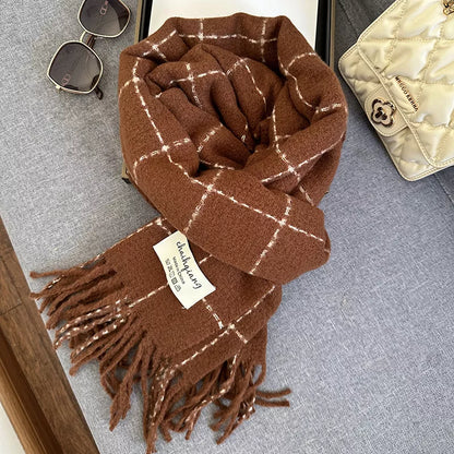 Unisex Fringe Plaid Scarf — caramel checked scarf looped with fringed ends visible