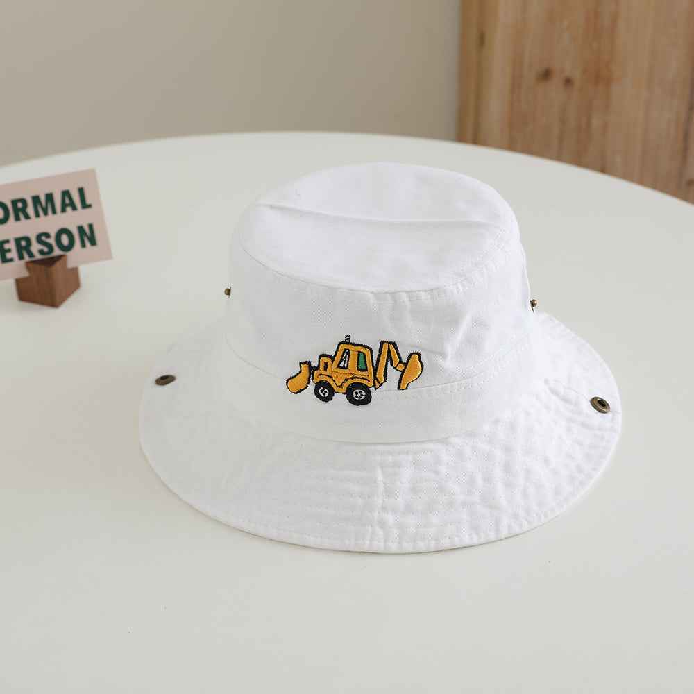 Kids Dark Blue Excavator Embroidered Washed Bucket hat crown profile